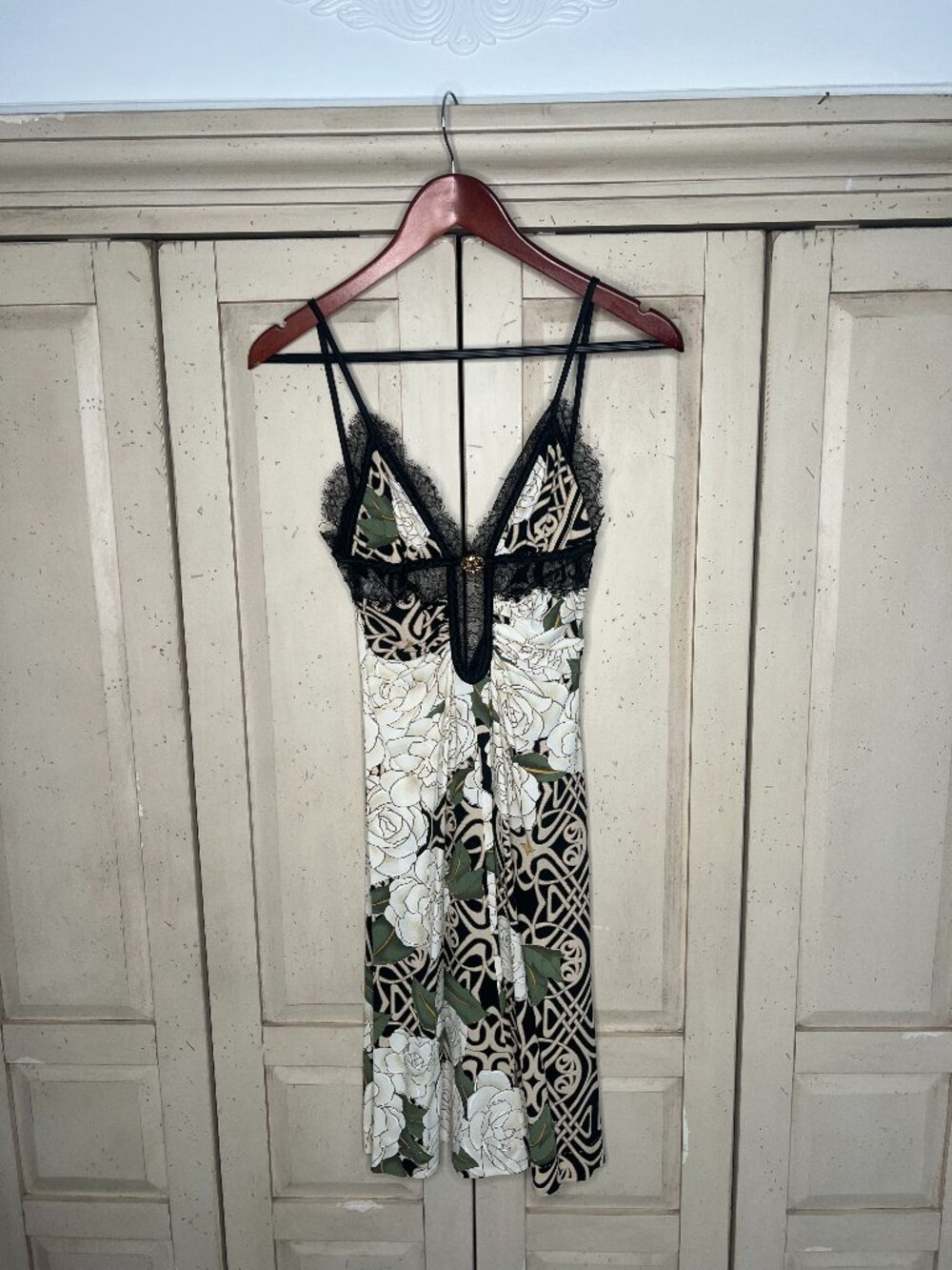 Roberto Cavalli Y2K Silk Rose Print Lace Slip Dress Art Nouveau IT 38 US 2 - Picture 14 of 15